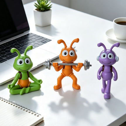 Cartoon Ant Figurine Desk Decor- Weightlifting Ants-Home Office Desk Decoration, Stress Relief Gift and Creative Workspace Accessory