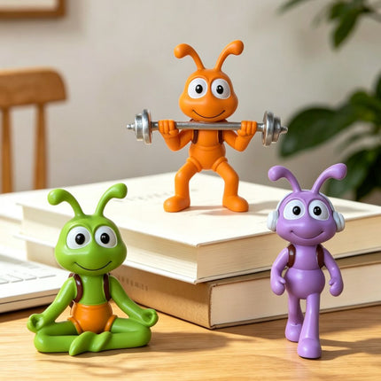Cartoon Ant Figurine Desk Decor- Weightlifting Ants-Home Office Desk Decoration, Stress Relief Gift and Creative Workspace Accessory