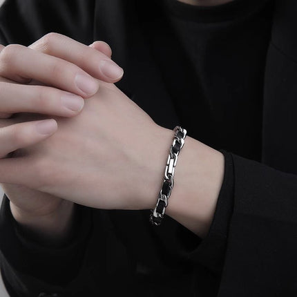 Men's Titanium Steel Bracelet(17cm)- Black and Silver-Tone Chain Link Wrist Accessory for Casual Wear and Gift Giving