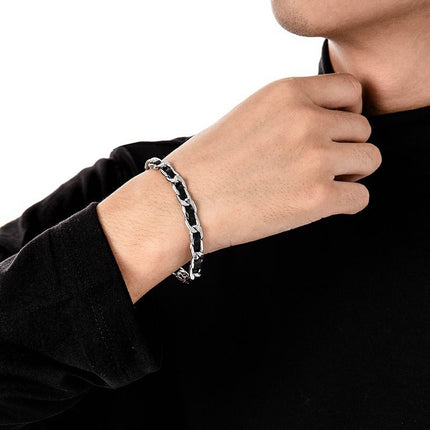 Men's Titanium Steel Bracelet(19cm)- Black and Silver-Tone Chain Link Wrist Accessory for Casual Wear and Gift Giving