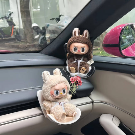 Brown Mini Doll Safety Seat with Magnetic Base, Car Dashboard Plush Toy Holder Decoration