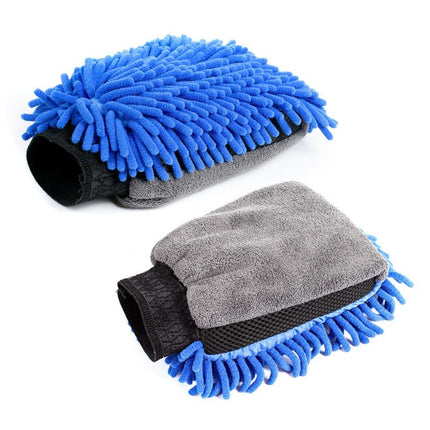 2 Pair Blue Chenille Car Wash Mitts, Double-Sided Microfiber Gloves with Waterproof Inner Layer