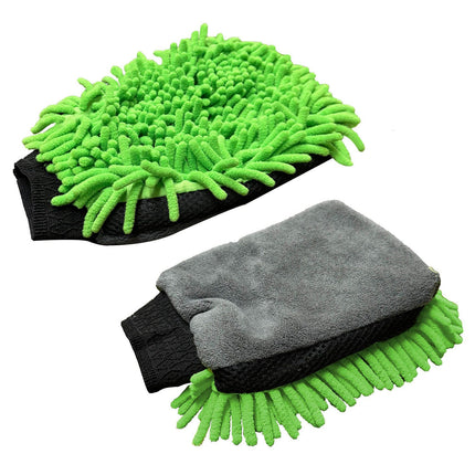 2 Pair Green Chenille Car Wash Mitts, Double-Sided Microfiber Gloves with Waterproof Inner Layer