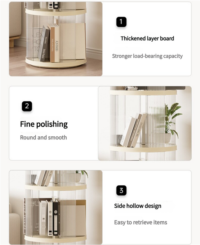 Rotating circular bookshelf with four layers- Cream White Multi-Layer Storage Rack 40.5x40.5x135.5cm (ABS – product detail