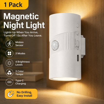 White Rechargeable Magnetic Dual Direction Wall Lamp - Widely Triple Sensing, 15s Automatic Timing & Constant On Mode, 3 Colours and 4 Brightness Levels for Hallways and Bedrooms
