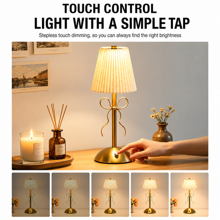 Creative Rechargeable Bow Table Lamp with Pleated Fabric Lampshade - Three Colour Soft Light, Touch Stepless Dimming, USB-C Cordless Bedside Decor, Style I