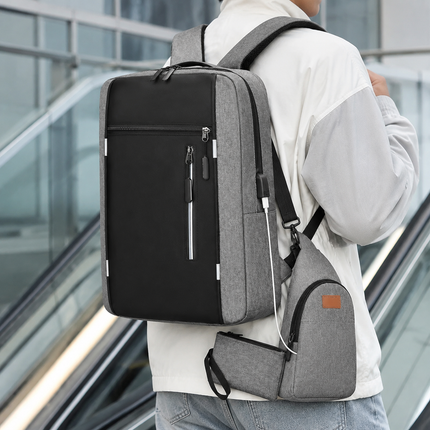 3-Piece Grey and Black Set Large Capacity Waterproof Business Travel Backpack + Crossbody Bag + Coin Purse with 16 Inch Laptop Padded Compartment, Muti Pockets & USB Charging Port