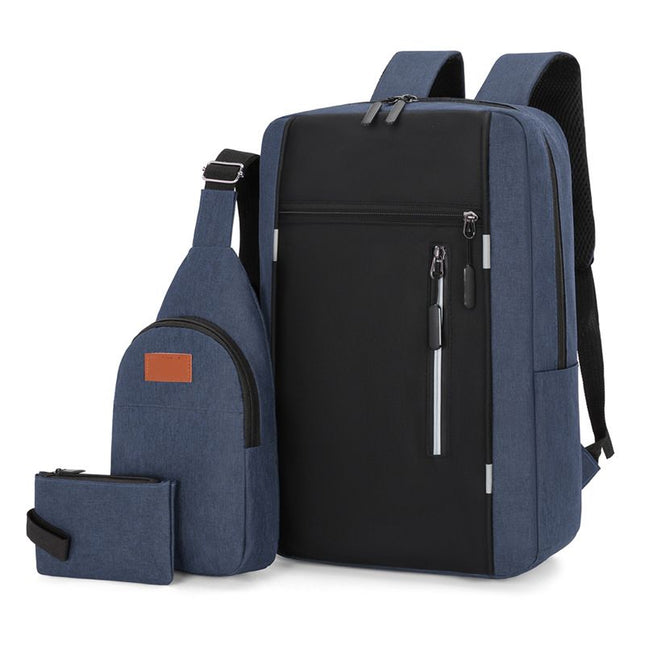 3-Piece Blue and Black Set Large Capacity Waterproof Business Travel Backpack Plus Crossbody Bag