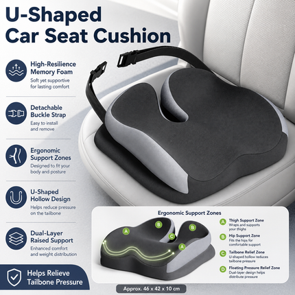 Black Ergonomic U-Shaped Double-Layer Raised Car Seat Cushion with Breathable Cover and Buckle Straps - High Elasticity Memory Foam Driver Cushion, Coccyx Relief & Posture Improval