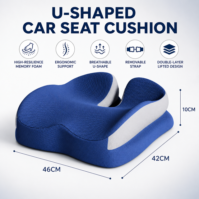 Blue Ergonomic U-Shaped Double-Layer Raised Car Seat Cushion with Breathable Cover and Buckle