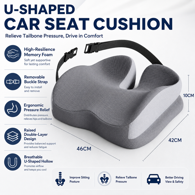 Grey Ergonomic U-Shaped Double-Layer Raised Car Seat Cushion with Breathable Cover and Buckle