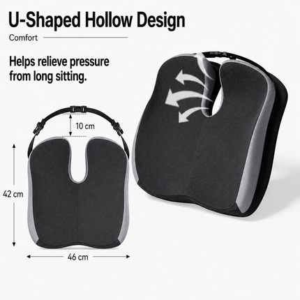 Black Ergonomic U-Shaped Double-Layer Raised Car Seat Cushion with Breathable Cover - High Elasticity Memory Foam Driver Cushion, Coccyx Relief & Posture Improval