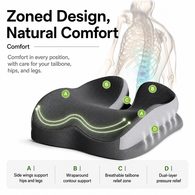 Blue Ergonomic U-Shaped Double-Layer Raised Car Seat Cushion with Breathable – product detail