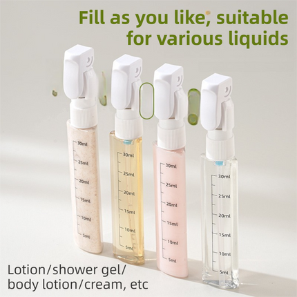 4-in-1 White Compact Travel Cosmetic Dispenser Bottle - 4 x 30ml Refillable Pump Toiletries Containers, Lockable & Leakproof Design, Space-Saving & Free Labels for Shampoo Lotion Cream Perfume