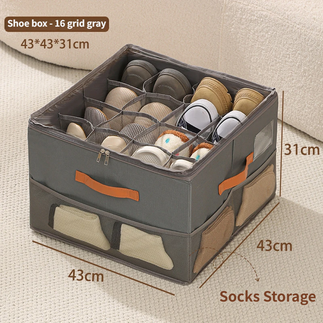 Gray Foldable Shoe Storage Box with Dustproof Clear Top Window 16 Grid Dividers Sock Pockets &