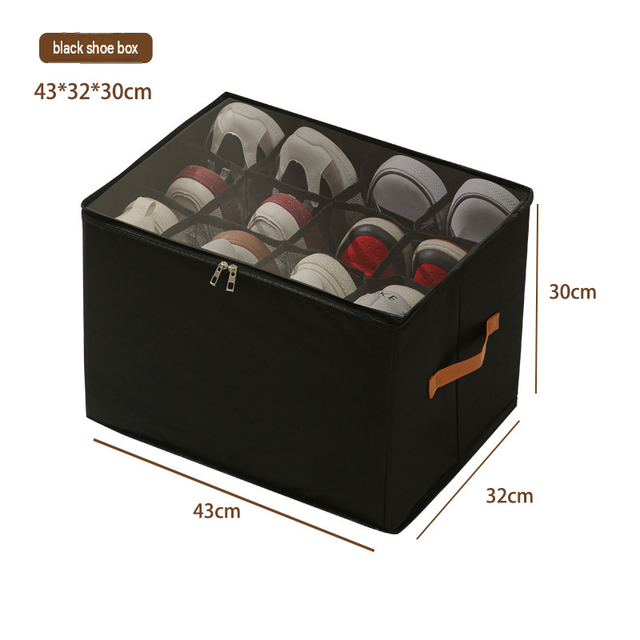 Black Foldable Shoe Storage Box with Dustproof Clear Top Window 12 Grid Dividers & V888-ELOSUNG55033