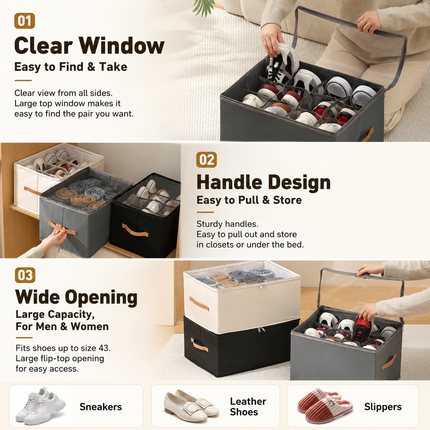 Black Foldable Shoe Storage Box with Dustproof Clear Top Window, 12 Grid Dividers & Handle - Moisture Resistant Oxford Shoe Organizer, Free Installation and Compact for Closet Bedroom Home Storage