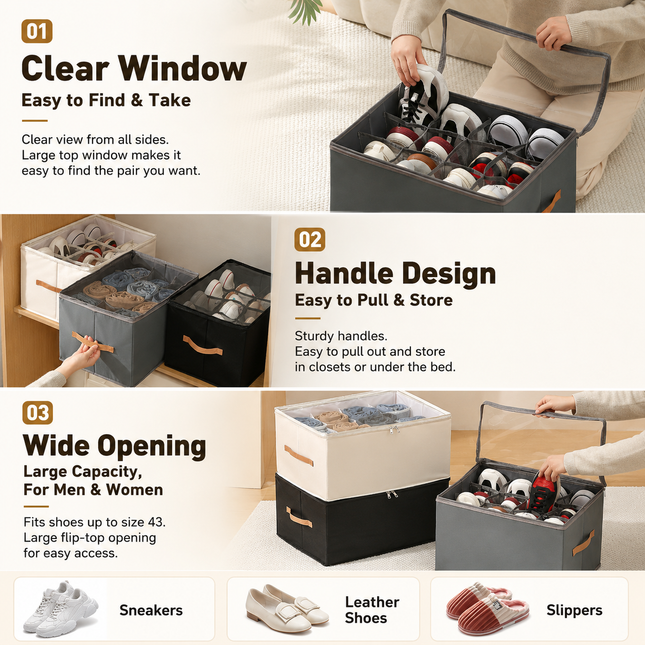 Black Foldable Shoe Storage Box with Dustproof Clear Top Window 12 Grid Dividers & – product detail