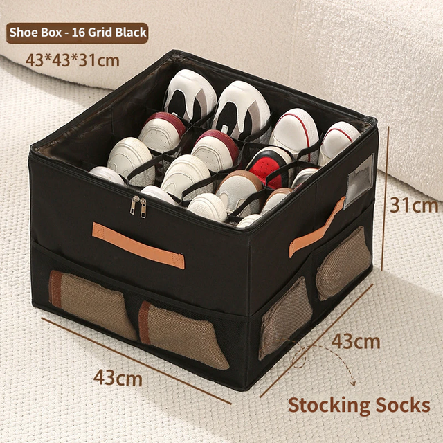 Black Foldable Shoe Storage Box with Dustproof Clear Top Window 16 Grid Dividers Sock Pockets &