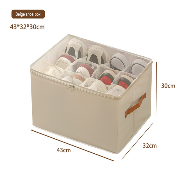 Beige Foldable Shoe Storage Box with Dustproof Clear Top Window 12 Grid Dividers & V888-ELOSUNG55035