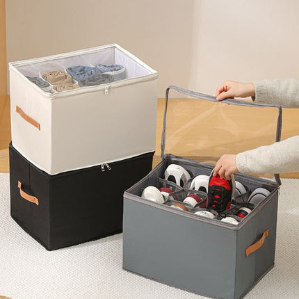 Beige Foldable Shoe Storage Box with Dustproof Clear Top Window, 12 Grid Dividers & Handle - Moisture Resistant Oxford Shoe Organizer, Free Installation and Compact for Closet Bedroom Home Storage