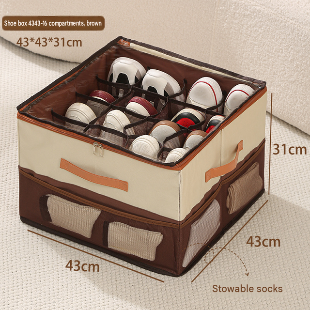 Beige and Coffee Foldable Shoe Storage Box with Dustproof Clear Top Window 16 Grid Dividers Sock Pockets &