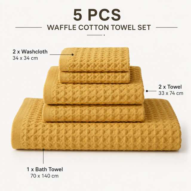 5 Piece Yellow Waffle Weave 100 Percent Cotton Towel V888-ELOSUNG55038