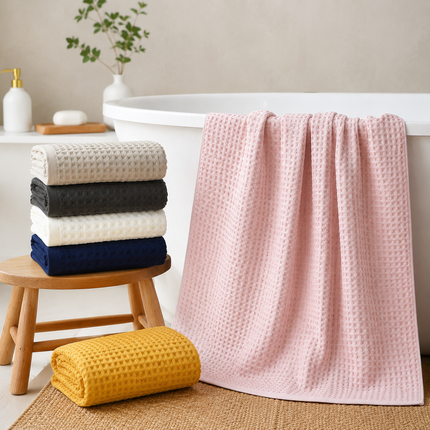 5 Piece Yellow Waffle Weave 100% Cotton Towel Set - Quick Dry Absorbent Bath Towel, 2 x Towels and 2 x Face Towels with Hanging Hook for Home and Guest Use