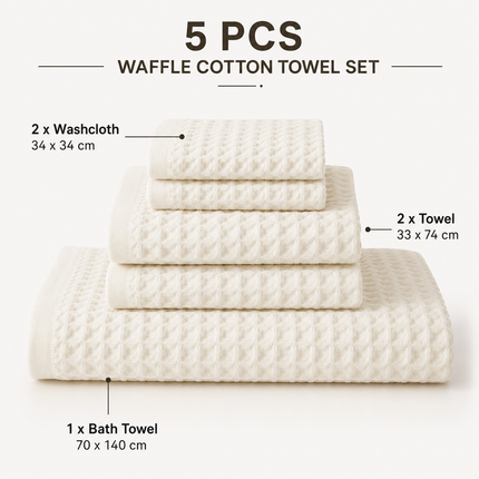 5 Piece White Waffle Weave 100% Cotton Towel Set - Quick Dry Absorbent Bath Towel, 2 x Towels and 2 x Face Towels with Hanging Hook for Home and Guest Use