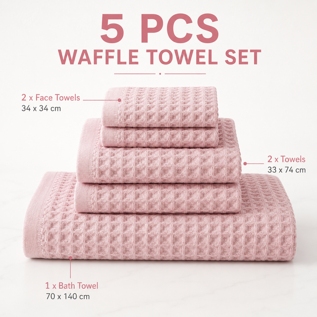 5 Piece Pink Waffle Weave 100 Percent Cotton Towel V888-ELOSUNG55040