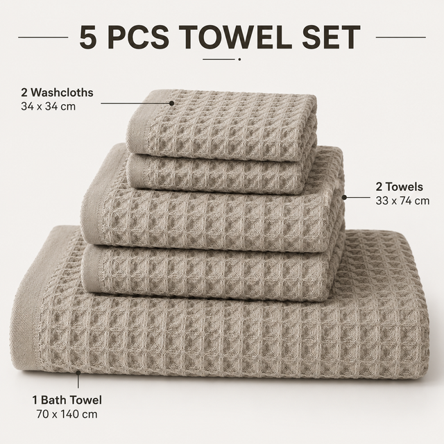 5 Piece Grey Waffle Weave 100 Percent Cotton Towel V888-ELOSUNG55041