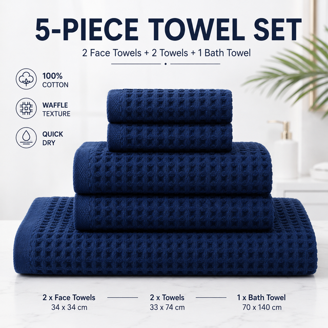 5 Piece Dark Blue Waffle Weave 100 Percent Cotton Towel V888-ELOSUNG55042