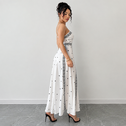 Women's White Boho Print Maxi Dress XL Size - Stretch Polyester Fabric, Spaghetti Straps, Fitted Waist and A-Line Silhouette for Spring Summer Beach Vacations, Travel, Parties and Events