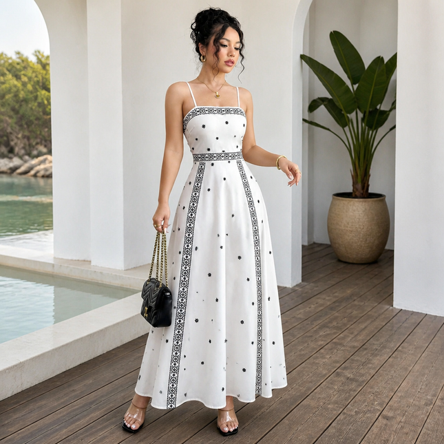 Women's White Boho Print Maxi Dress 2XL V888-ELOSUNG55047