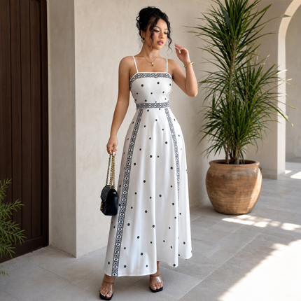 Women's White Boho Print Maxi Dress 2XL Size - Stretch Polyester Fabric, Spaghetti Straps, Fitted Waist and A-Line Silhouette for Spring Summer Beach Vacations, Travel, Parties and Events