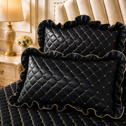 Black and Gold European Soft Brushed Quilted Bed Skirt + 2 Pillowcases Set - Breathable Padded 180 x 220CM Mattress Cover with Lace Trim and 45CM Elevated Valance, All Season Dust Protection