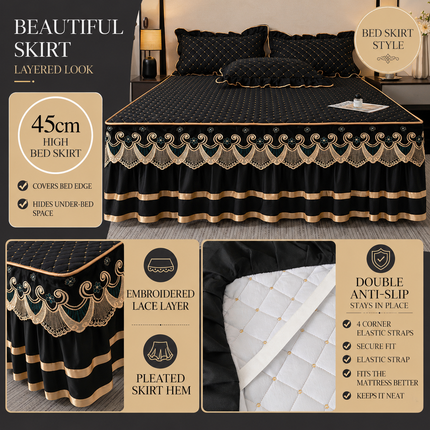 Purple and Gold European Soft Brushed Quilted Bed Skirt + 2 Pillowcases Set - Breathable Padded 180 x 220CM Mattress Cover with Lace Trim and 45CM Elevated Valance, All Season Dust Protection
