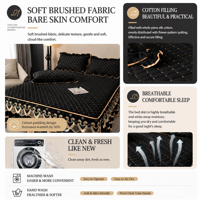 Green and Gold European Soft Brushed Quilted Bed Skirt Plus 2 Pillowcases – product detail