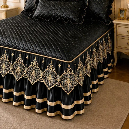 Green and Gold European Soft Brushed Quilted Bed Skirt + 2 Pillowcases Set - Breathable Padded 200 x 220CM Mattress Cover with Lace Trim and 45CM Elevated Valance, All Season Dust Protection