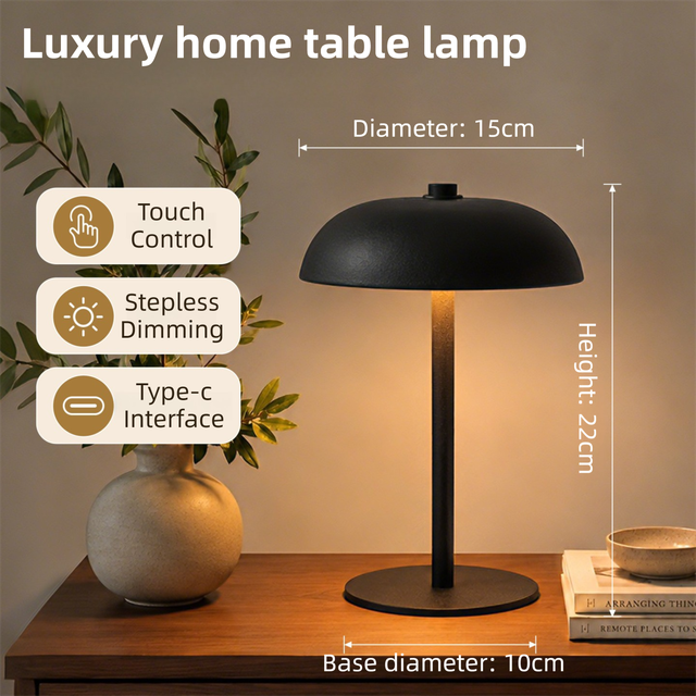 Black Metal Mushroom Table Lamp with Top Touch Control 3 Colour Mode & Stepless V888-ELOSUNG55072