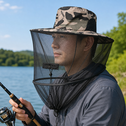 Camouflage-3 Foldable Mosquito Net Fishing Hat with Storage Bag