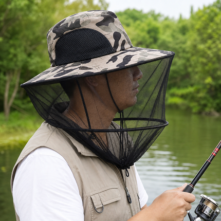 Camouflage-4 Foldable Mosquito Net Fishing Hat with Storage Bag