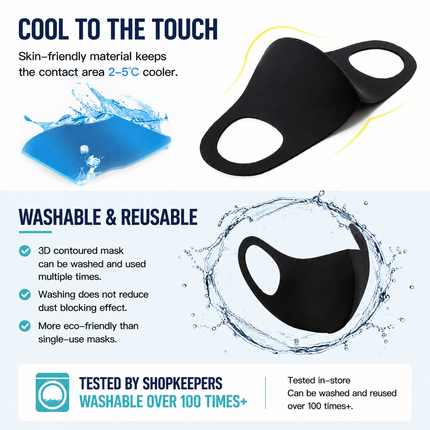 Summer Reusable Ice Silk Cooling Face Mask - Breathable 3D Mesh Design with Lip Space, Dust & Haze Protective in Black 6 Pack