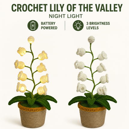 Beige Crochet Single Lily of the Valley Night Light - Handmade Cotton Yarn LED Potted Flower Warm Lamp, 3 Brightness Adjustment, Battery Operated Desk Decor & Creative Christmas Gift