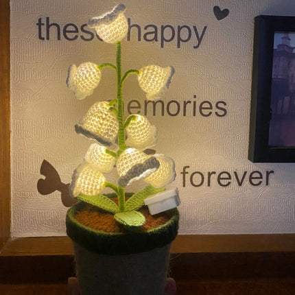 Beige Crochet Single Lily of the Valley Night Light - Handmade Cotton Yarn LED Potted Flower Warm Lamp, 3 Brightness Adjustment, Battery Operated Desk Decor & Creative Christmas Gift