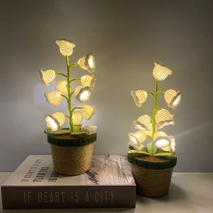 Beige Crochet Single Lily of the Valley Night Light - Handmade Cotton Yarn LED Potted Flower Warm Lamp, 3 Brightness Adjustment, Battery Operated Desk Decor & Creative Christmas Gift