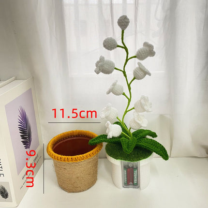 Beige Crochet Single Lily of the Valley Night Light - Handmade Cotton Yarn LED Potted Flower Warm Lamp, 3 Brightness Adjustment, Battery Operated Desk Decor & Creative Christmas Gift