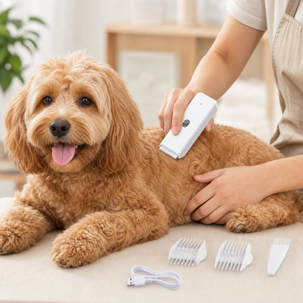 White Portable Pet Grooming Clipper for Dogs and Cats - IPX7 Waterproof USB Rechargeable Low Noise Hair Trimmer with Ceramic Blade and 4 Combs for Home Veterinary Use
