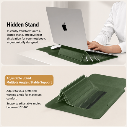 4 in 1 Green Soft PU Leather Laptop Sleeve with Stand, Mouse Pad and Power Pouch - Lightweight Portable Case for 11 Inch Laptops