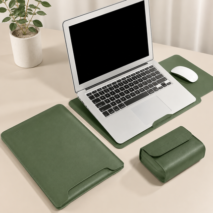 4 in 1 Green Soft PU Leather Laptop Sleeve with Stand, Mouse Pad and Power Pouch - Lightweight Portable Case for 13.6/14.2 Inch Laptops